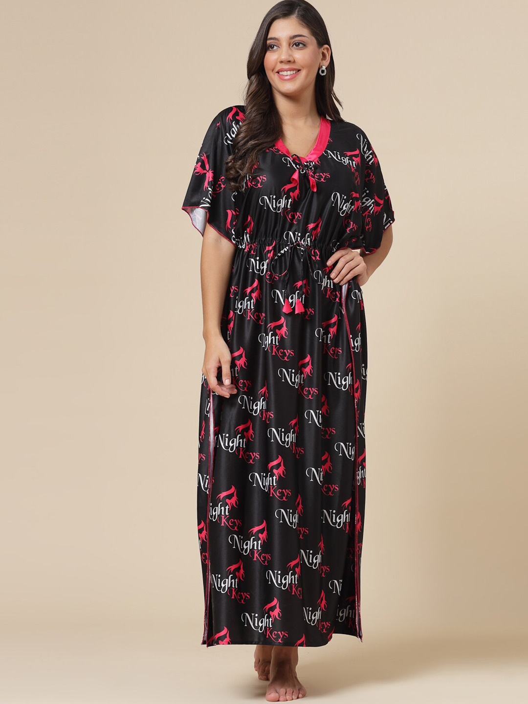 

NIGHT KEYS Typography Printed Kaftan Nightdress, Black