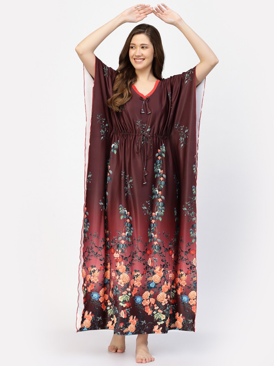 

NIGHT KEYS Floral Printed Maxi Kaftan Nightdress, Brown