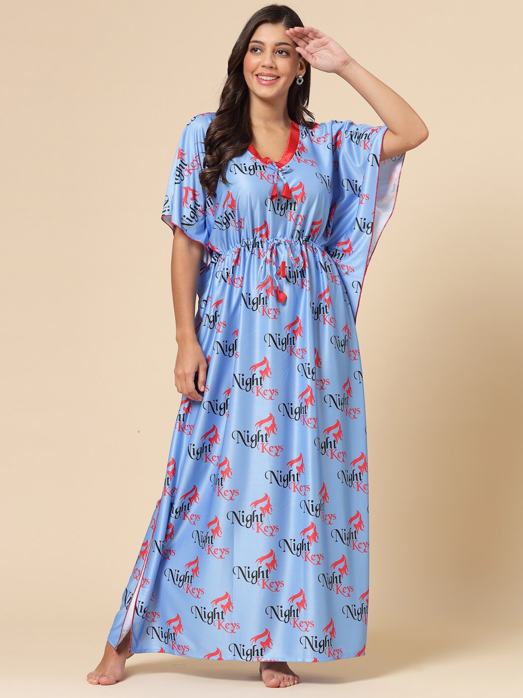 

NIGHT KEYS Floral Printed V-Neck Maxi Kaftan Nightdress, Blue