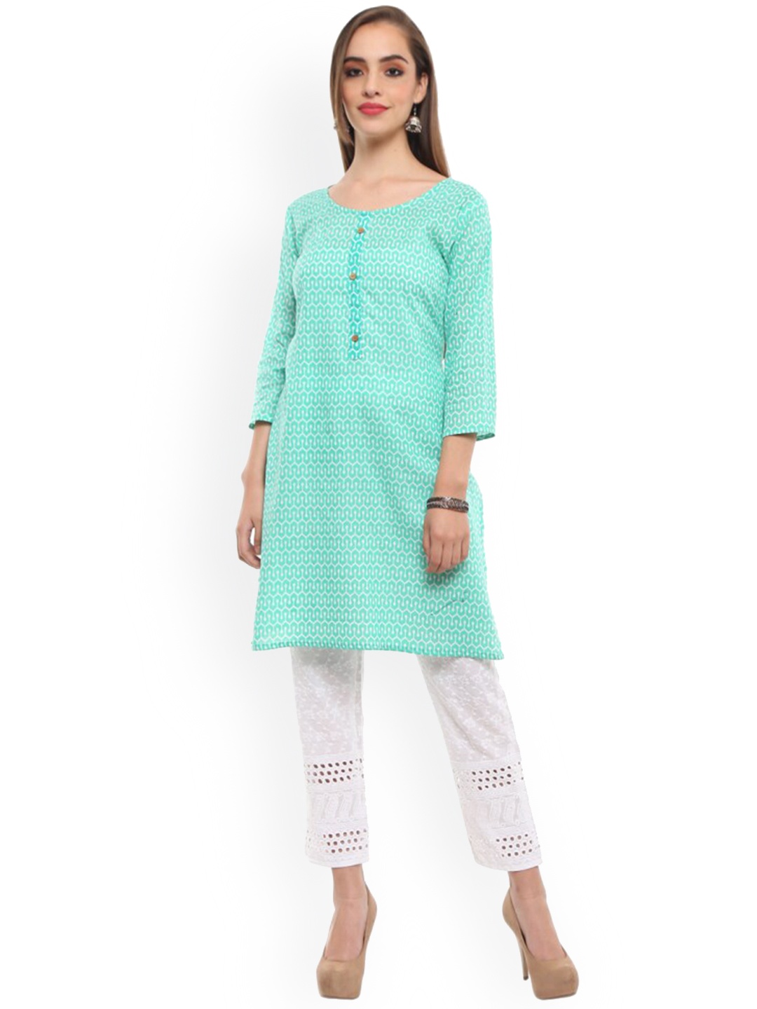 

V-Mart Geometric Printed Round Neck Pure Cotton Kurta, Green