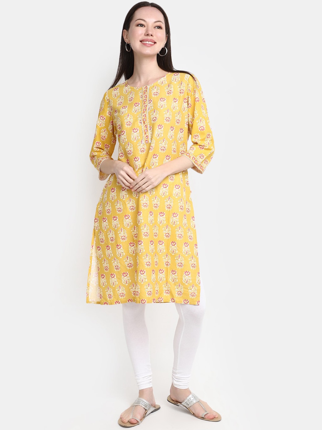 

V-Mart Floral Printed Thread Work Kurta, Yellow