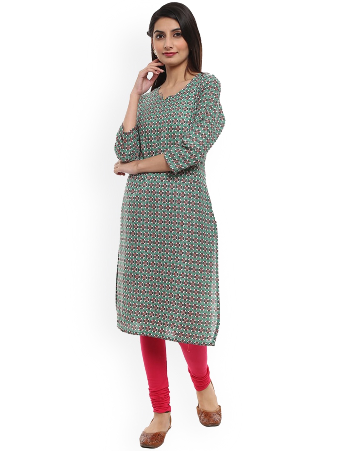

V-Mart Ethnic Motifs Printed keyhole Neck Pure Cotton Kurta, Green