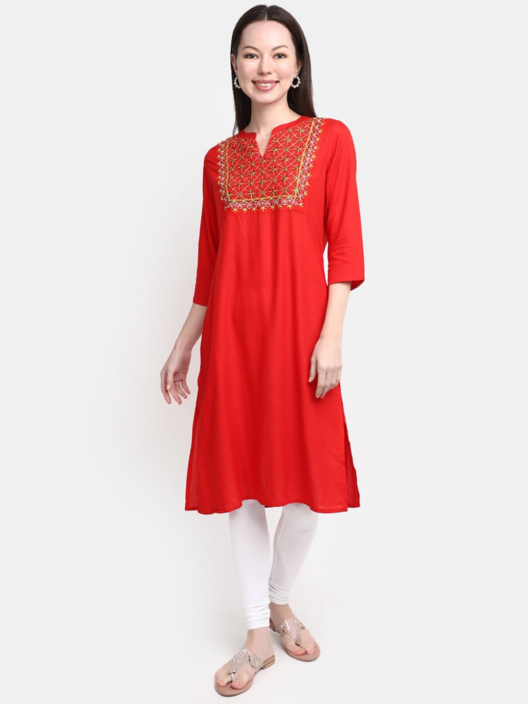 

V-Mart Ethnic Motifs Yoke Design Thread Work Kurta, Red