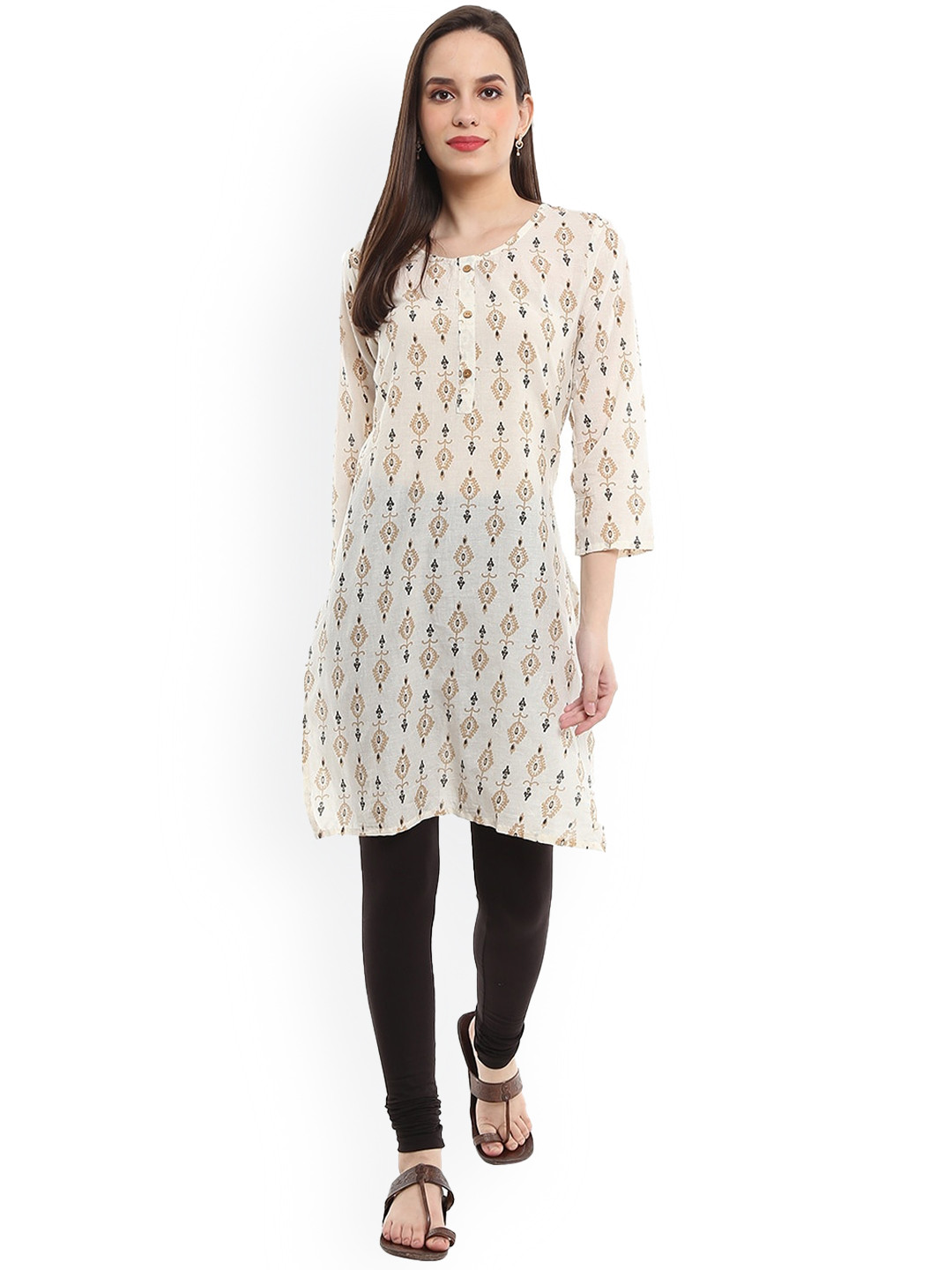 

V-Mart Ethnic Motifs Printed Round Neck Pure Cotton Kurta, Beige