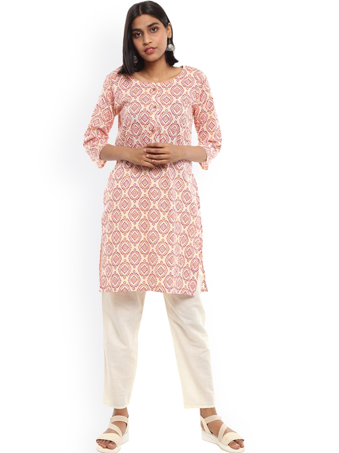 

V-Mart Ethnic Motifs Printed Pure Cotton Straight Kurta, Pink