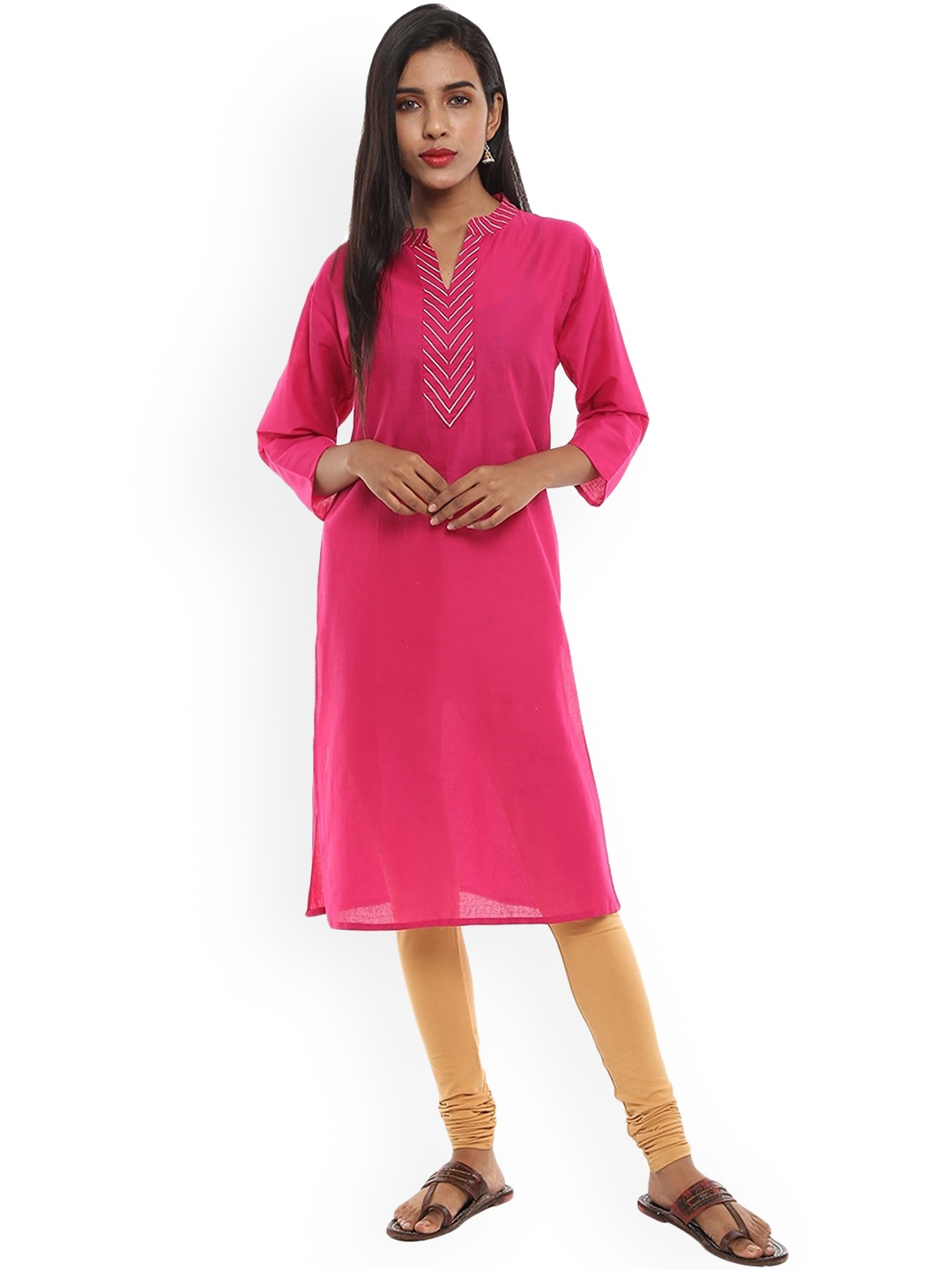 

V-Mart Mandarin Collar Thread Work Pure Cotton Straight Kurta, Fuchsia