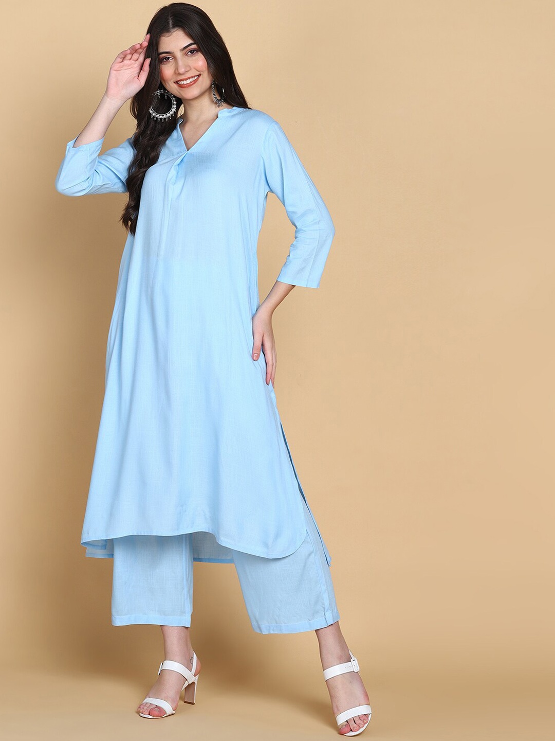 

HERE&NOW Blue Mandarin Collar Kurta with Palazzos