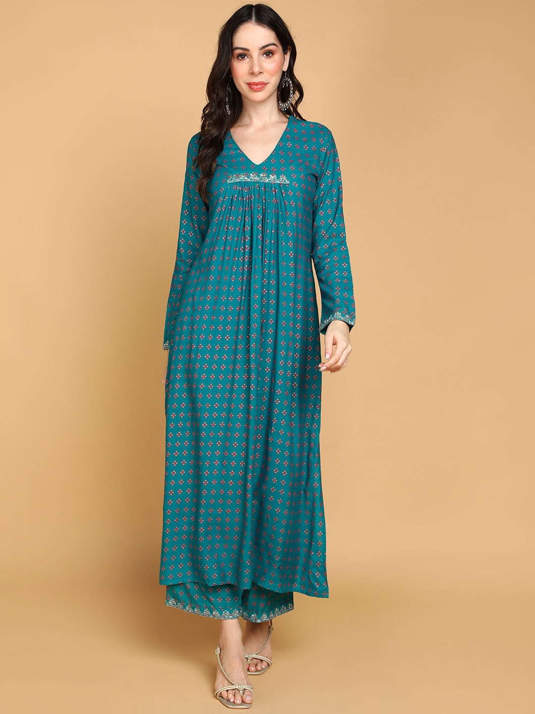 

HERE&NOW Ethnic Motifs Printed Regular Pleated Kurta With Palazzos, Teal