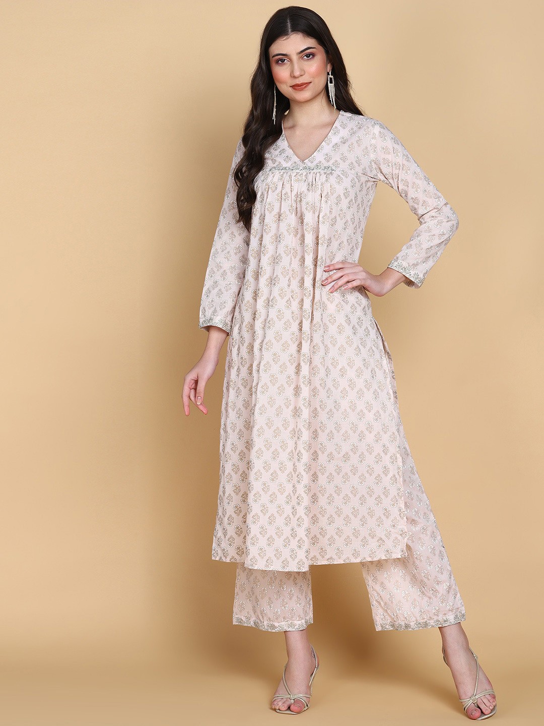 

HERE&NOW Ethnic Motifs Printed Thread Work Straight Pure Cotton Kurta with Trousers, Pink
