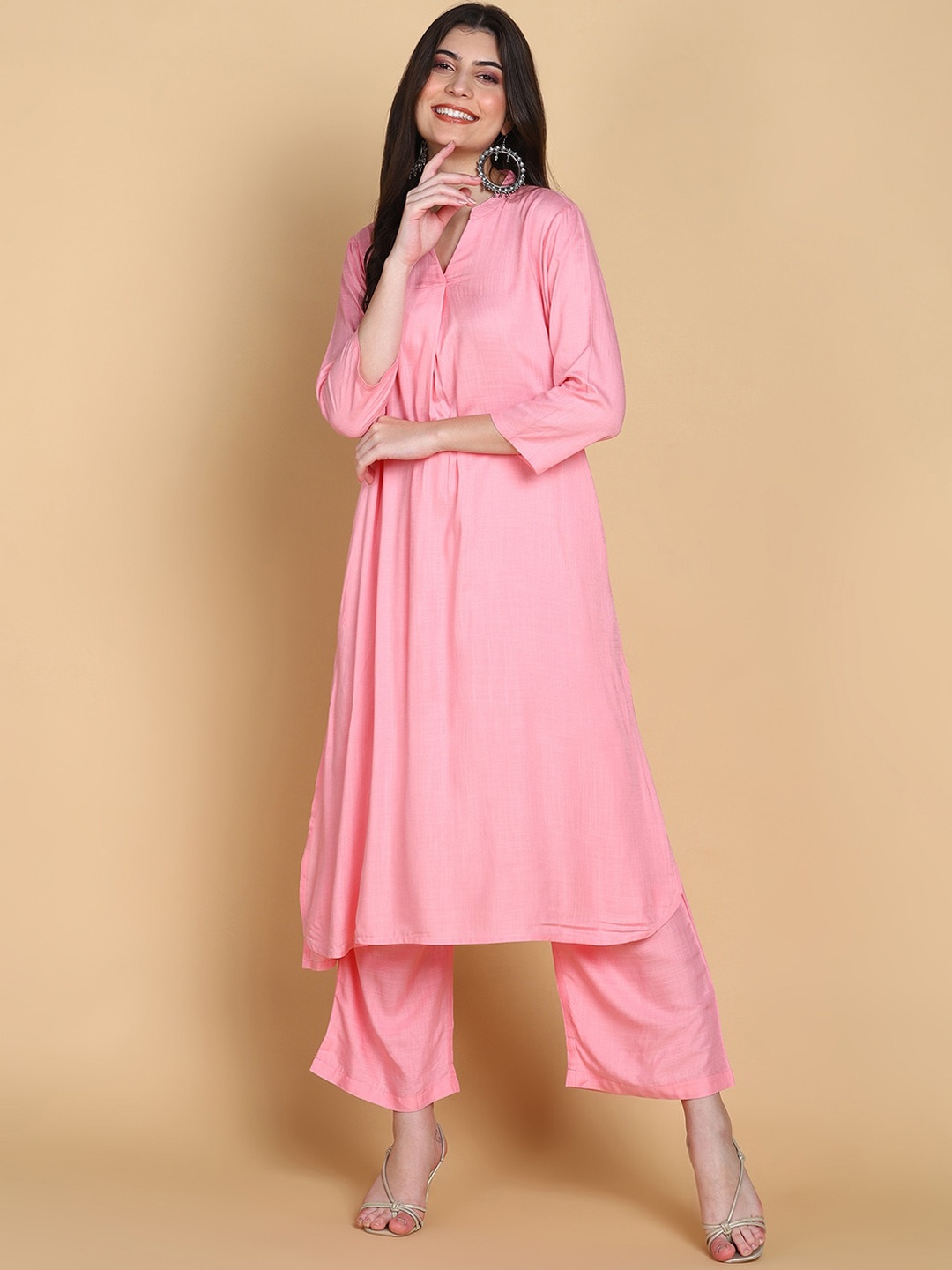 

HERE&NOW A-Line Mandarin Collar Kurta With Palazzos, Pink