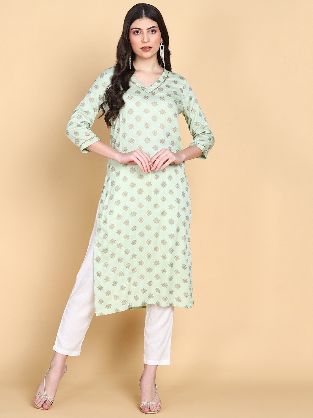 

HERE&NOW Ethnic Motifs Printed Gotta Patti Kurta With Trousers, Green