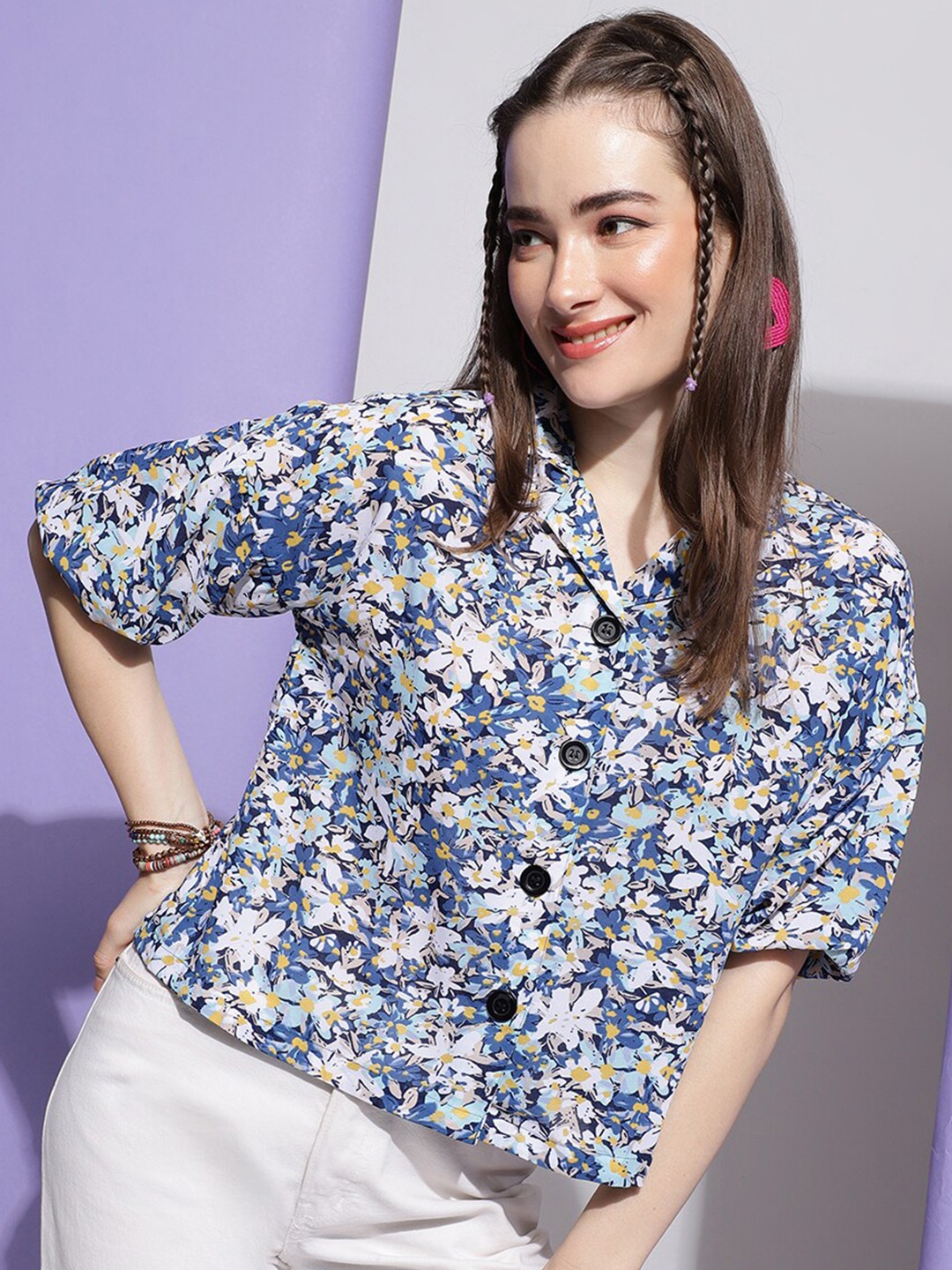 

J Turritopsis Classic Oversized Floral Printed Opaque Georgette Casual Shirt, Blue