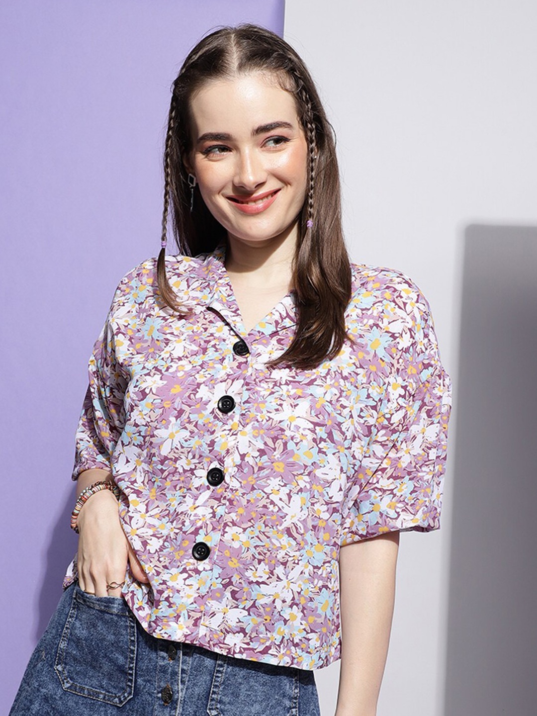 

J Turritopsis Classic Floral Printed Oversized Casual Shirt, Purple