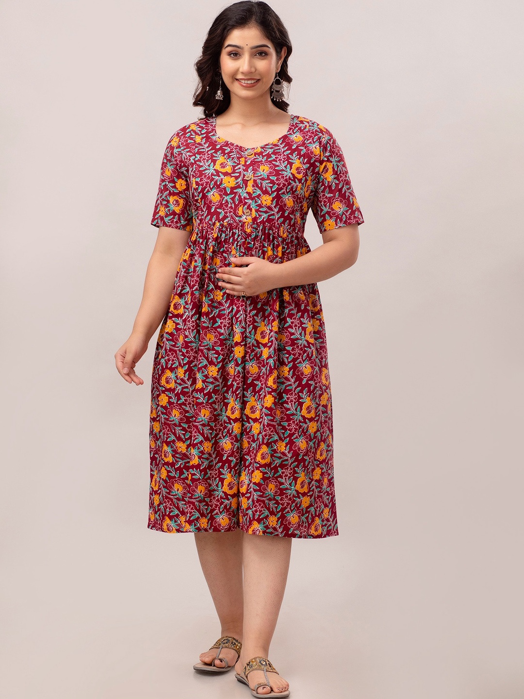

CELEBRAVO Floral Printed Gathered Maternity Cotton Fit & Flare Ethnic Dress, Red