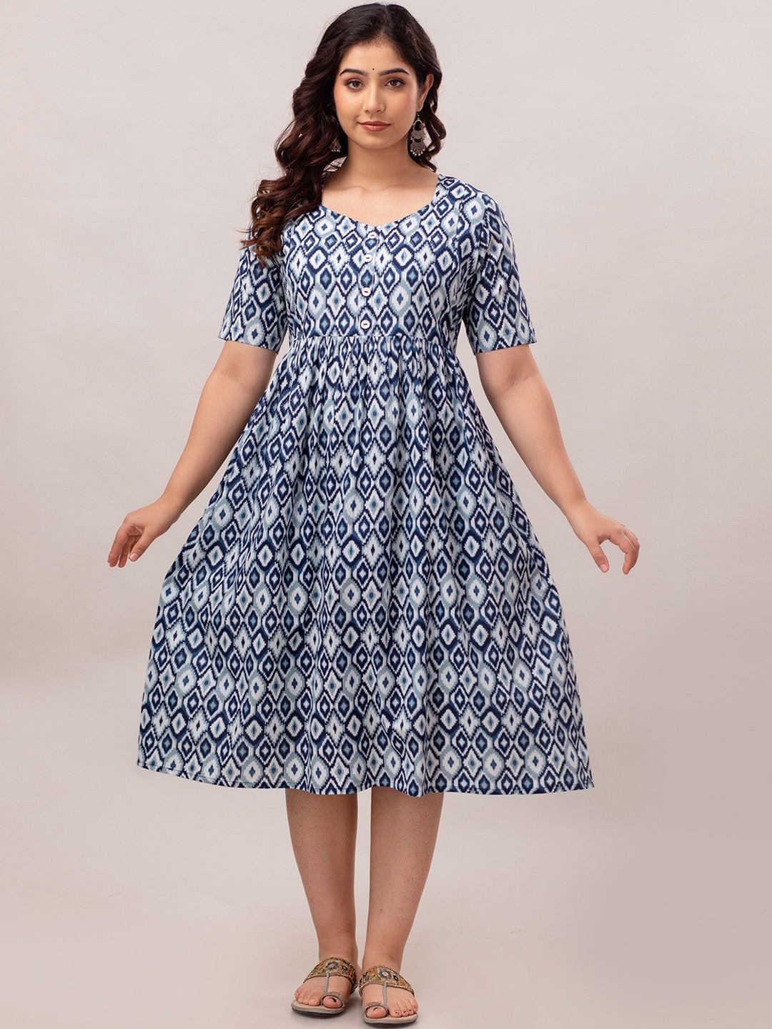 

CELEBRAVO Ethnic Motifs Ikkat Printed Cotton Maternity Fit & Flare Ethnic Dress, Blue