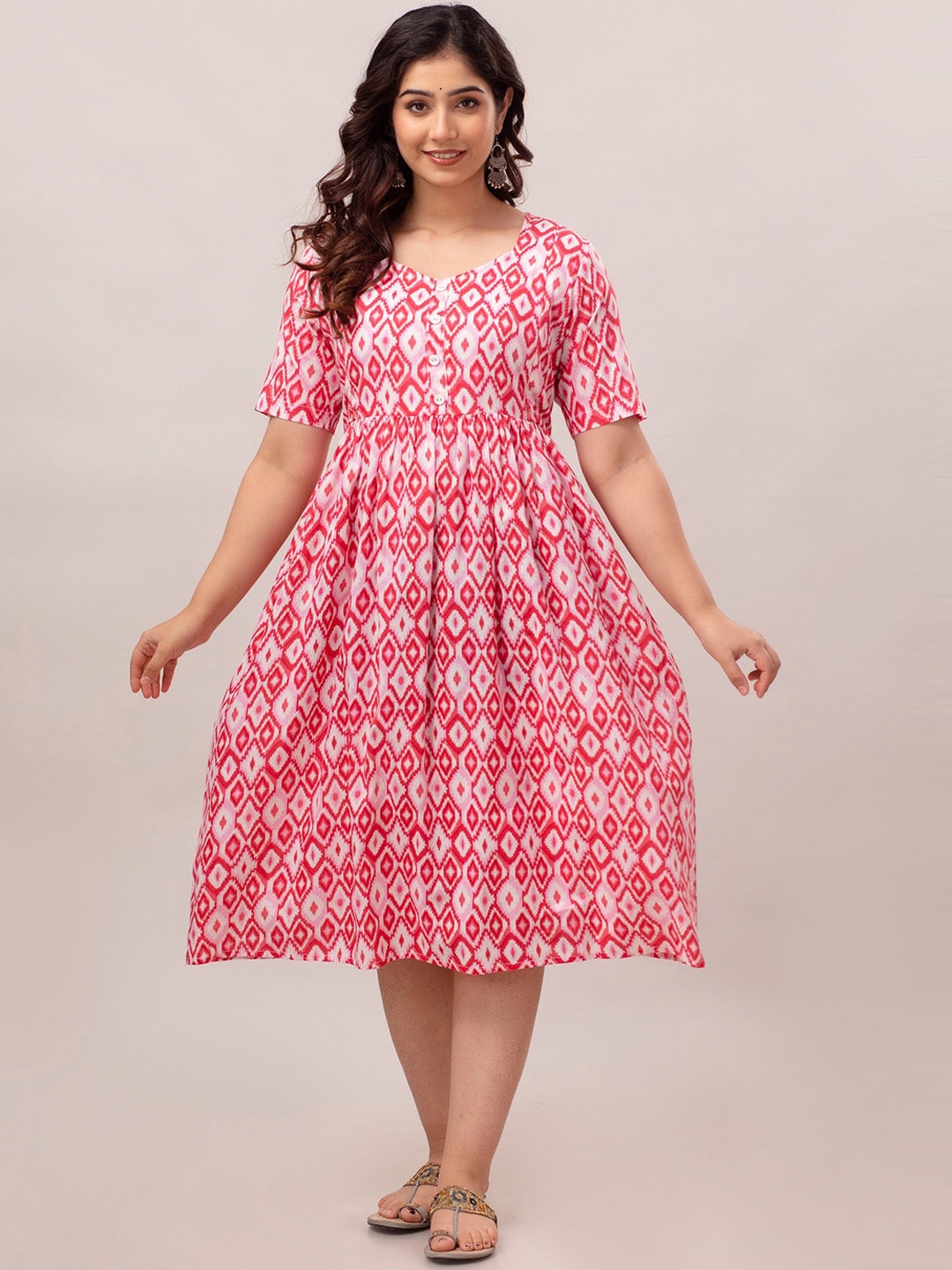 

CELEBRAVO Ethnic Motifs Ikat Printed Maternity Cotton Fit & Flare Midi Ethnic Dress, Pink