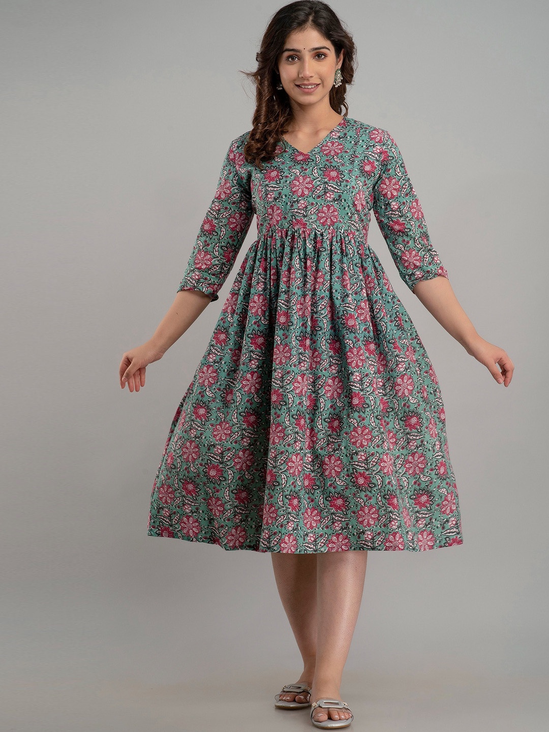 

CELEBRAVO Floral Printed V-Neck Gathered Cotton Maternity Fit & Flare Dress, Green