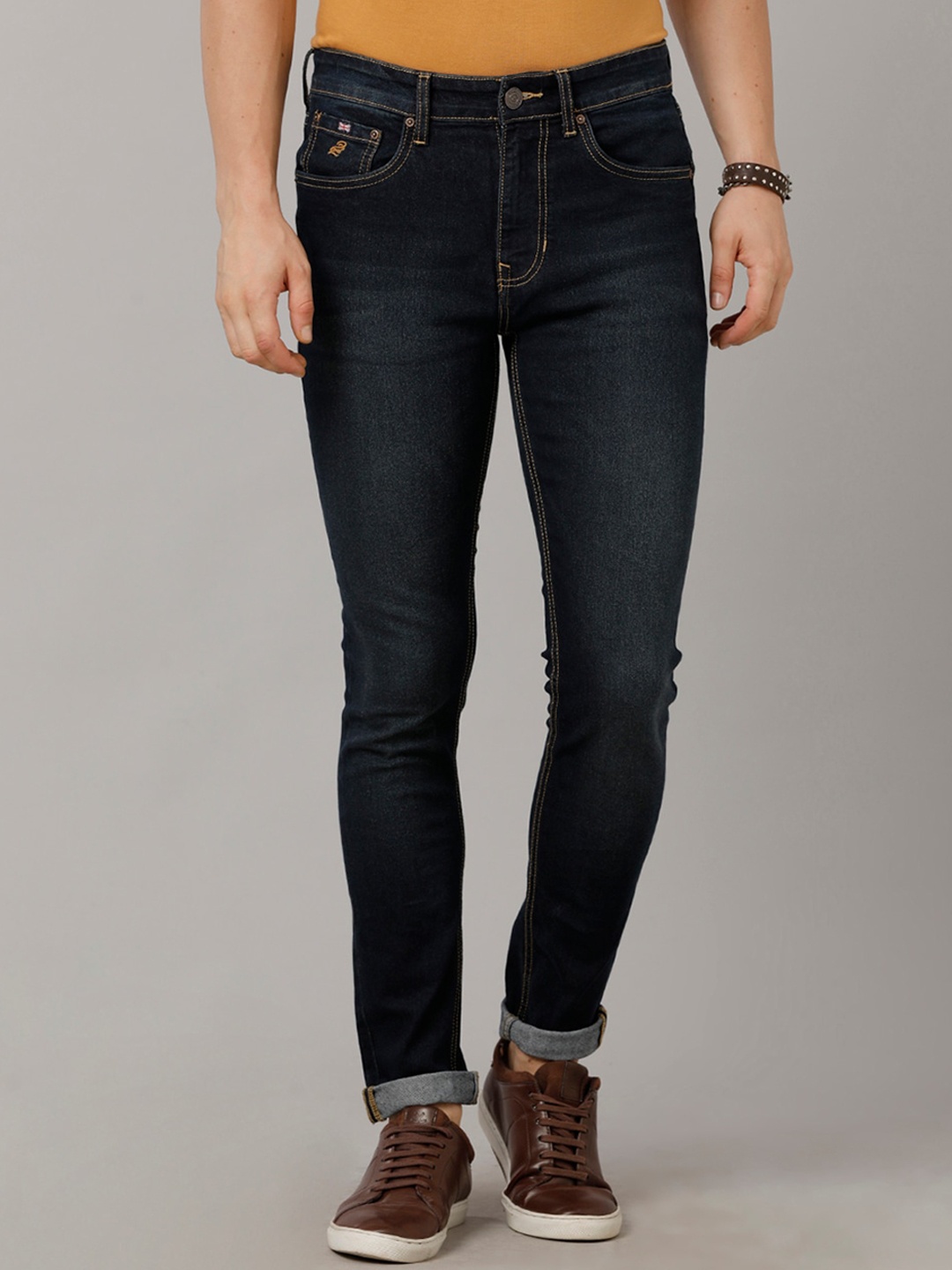 

Double Two Men Lean Clean Look Mid-Rise Slim Fit Light Fade Stretchable Jeans, Blue