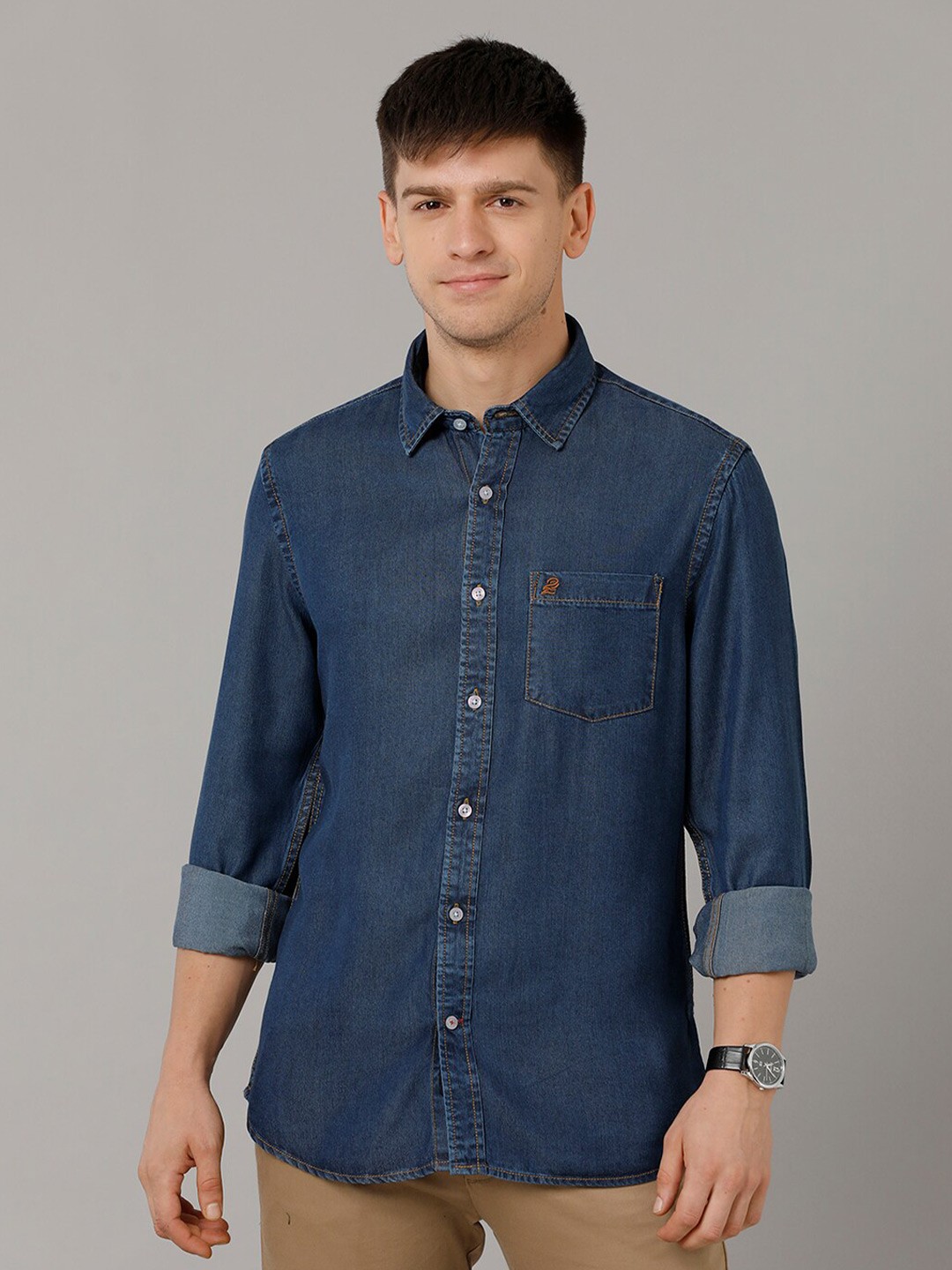 

Double Two Spread Collar Slim Fit Opaque Casual Shirt, Blue