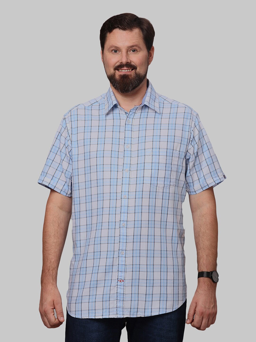 

Double Two Men Plus Size Slim Fit Checked Twill Cotton Casual Shirt, White