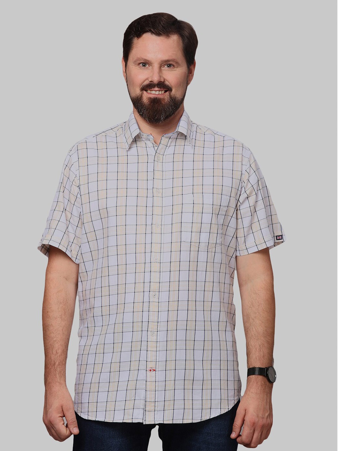 

Double Two Men Plus Size Slim Fit Opaque Checked Cotton Casual Shirt, Cream