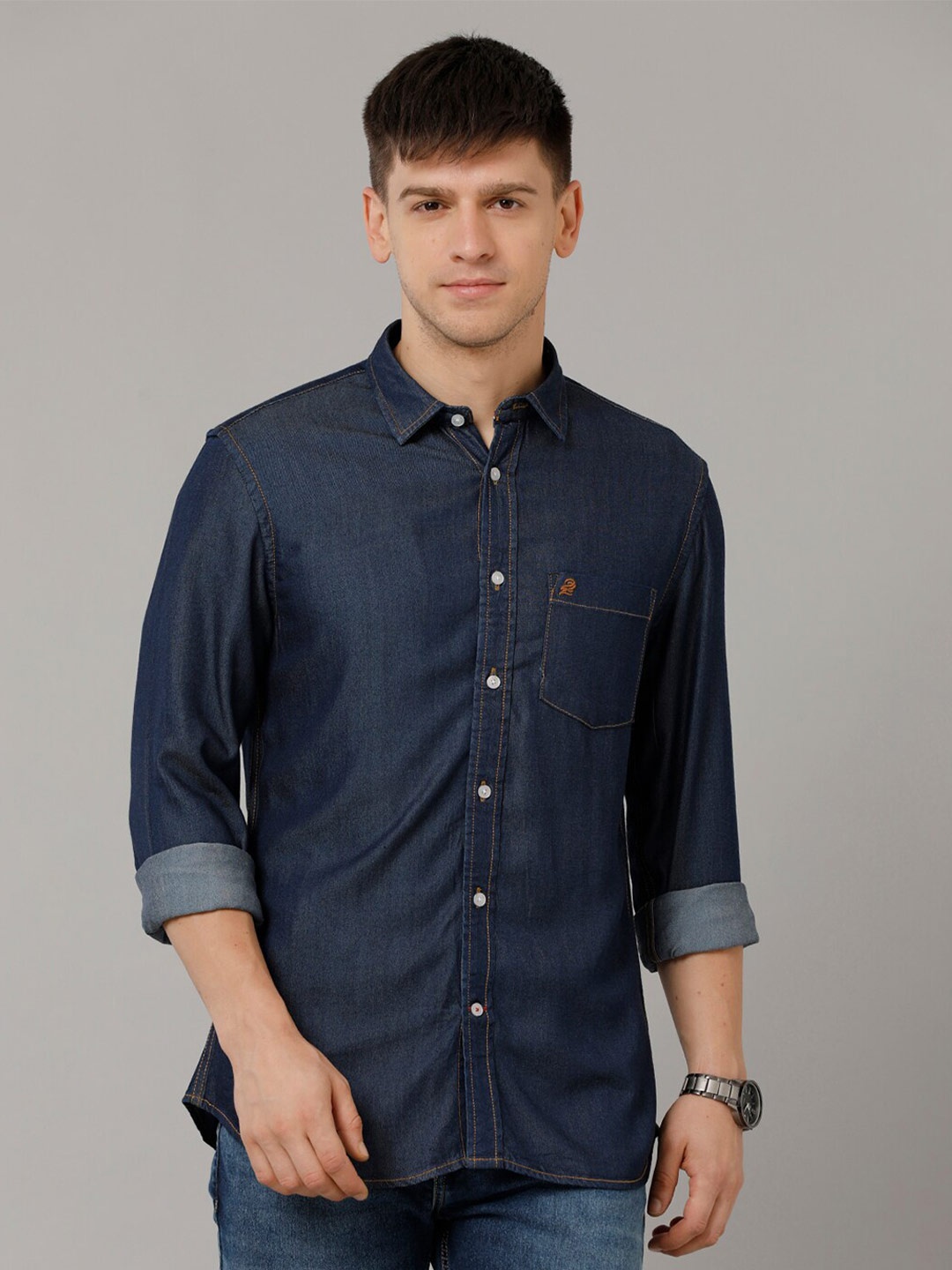 

Double Two Men Slim Fit Cotton Denim Casual Shirt, Blue