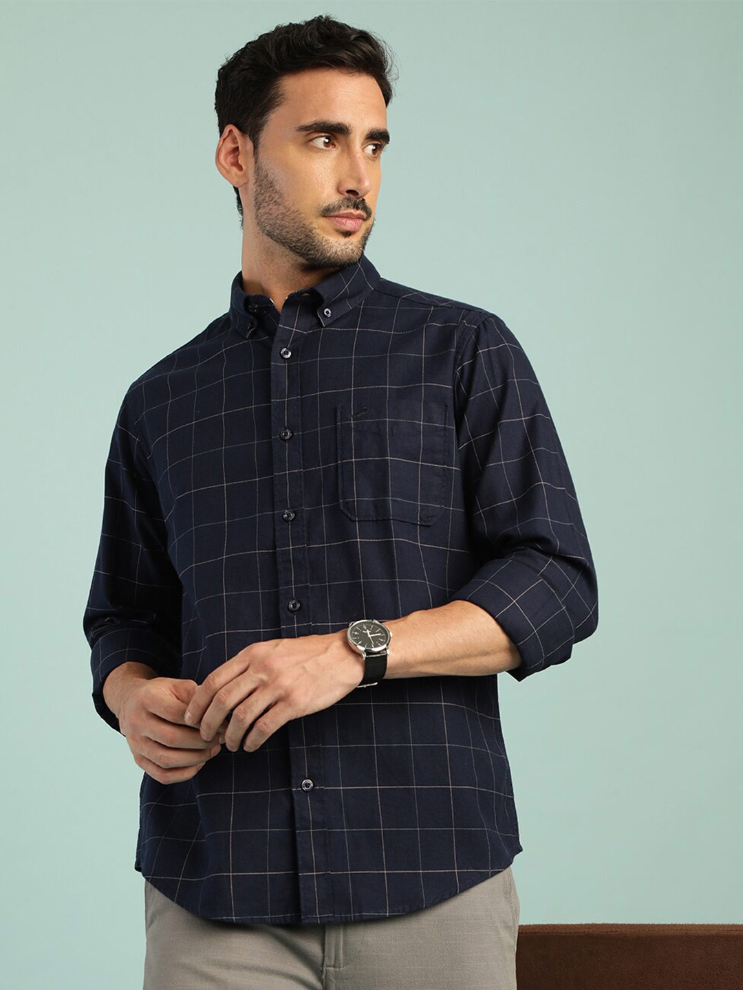 

Crocodile Comfort Checked Button Down Collar Cotton Casual Shirt, Navy blue