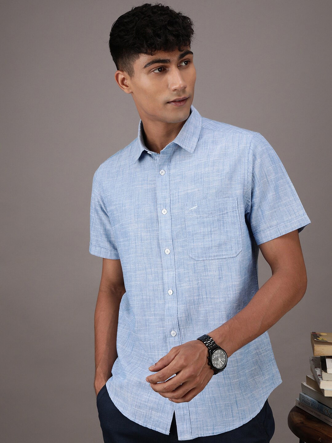 

Crocodile Spread Collar Comfort Cotton Casual Shirt, Blue