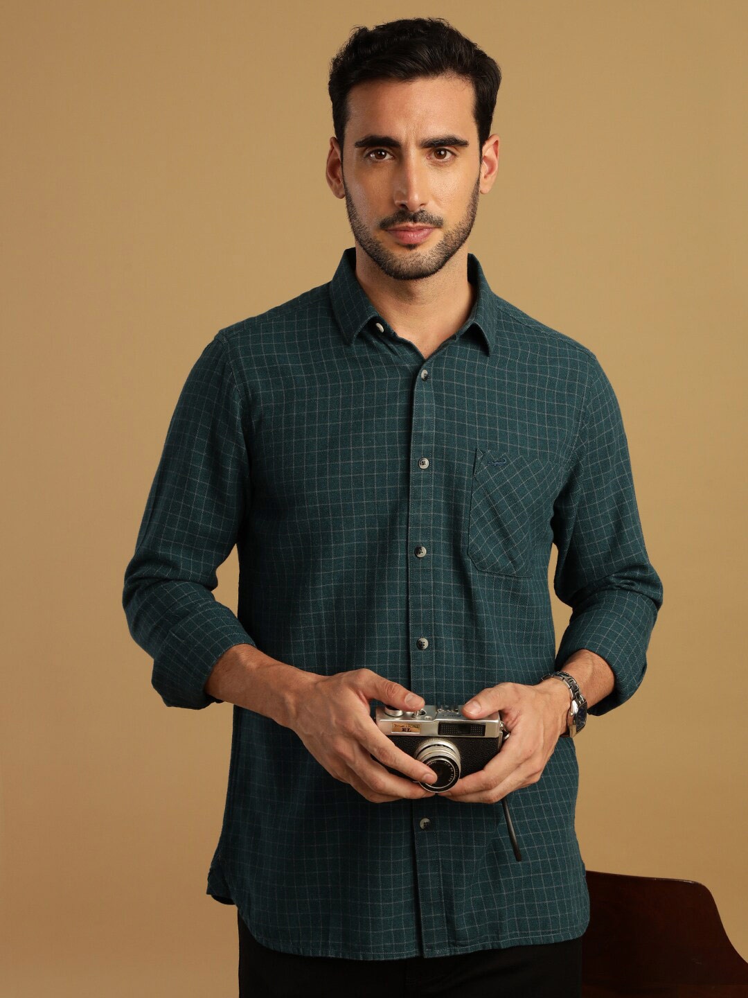 

Crocodile Comfort Checked Spread Collar Cotton Casual Shirt, Teal