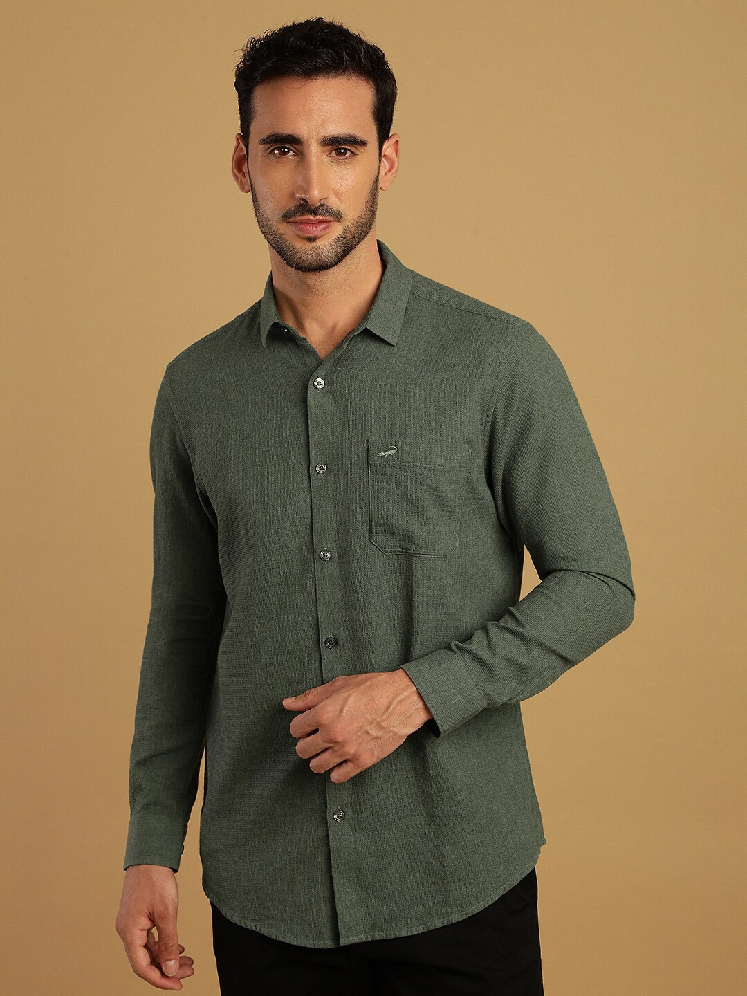 

Crocodile Spread Collar Comfort Cotton Casual Shirt, Green