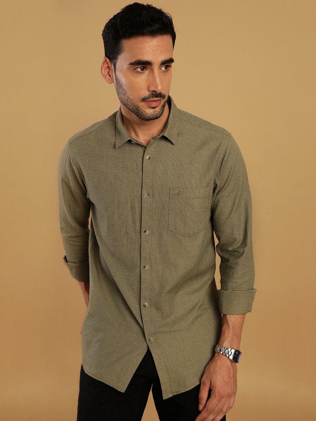 

Crocodile Spread Collar Comfort Regular Fit Cotton Casual Shirt, Green