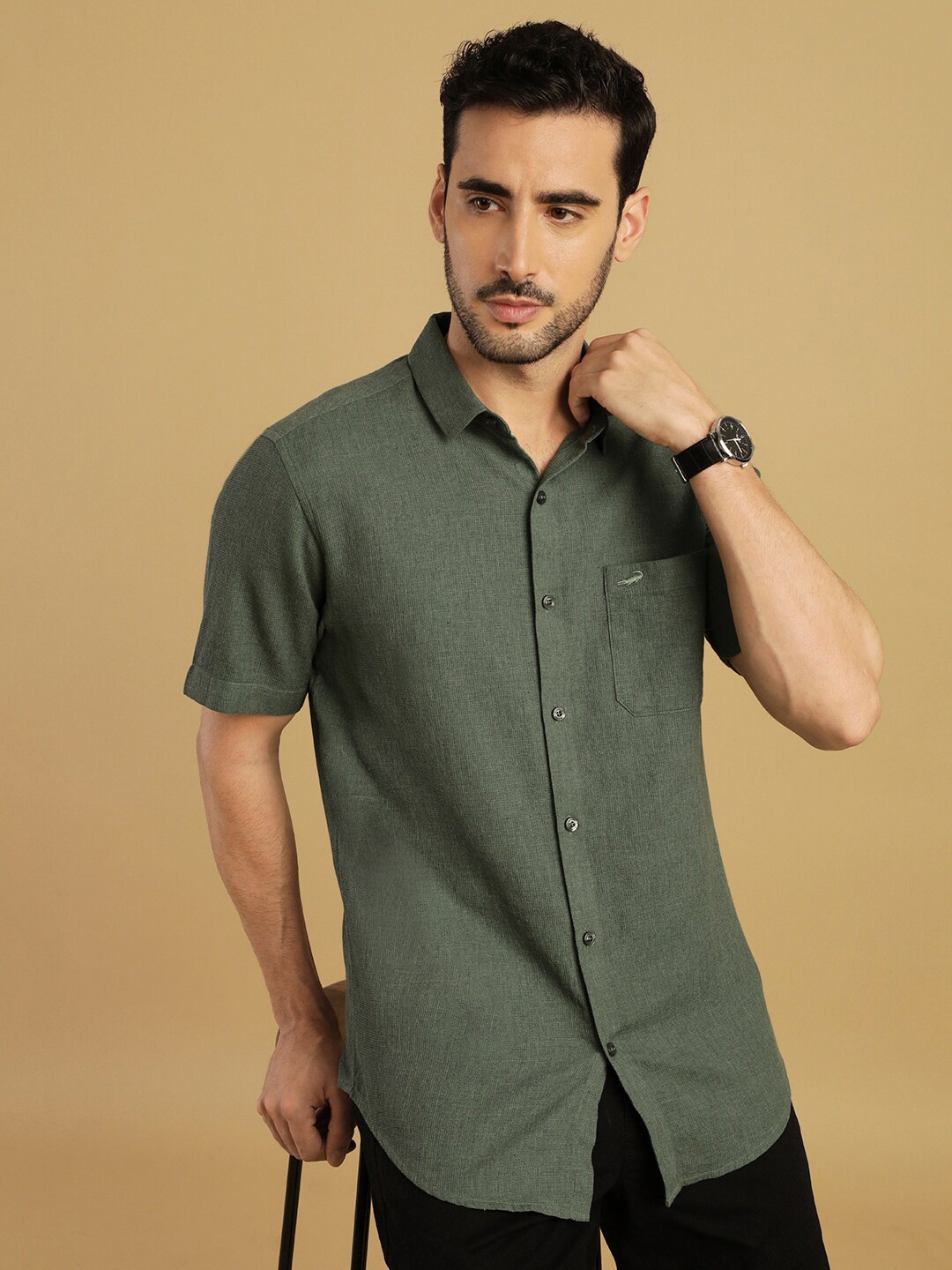 

Crocodile Spread Collar Comfort Opaque Casual Shirt, Green