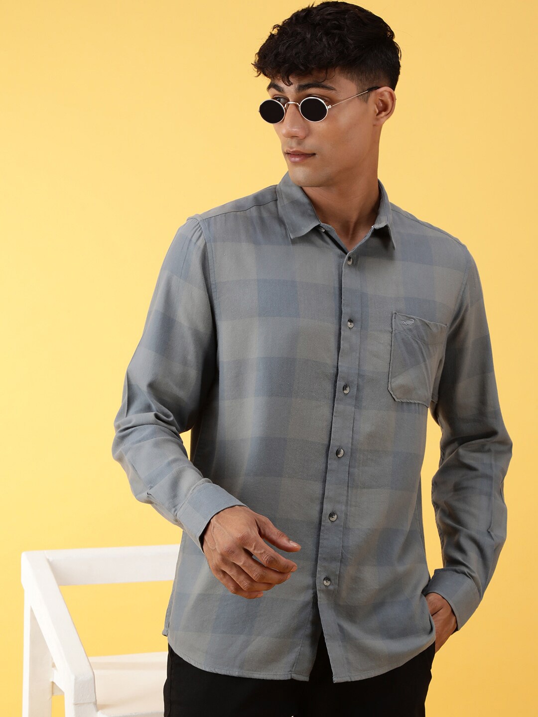 

Crocodile Comfort Checked Spread Collar Cotton Casual Shirt, Grey
