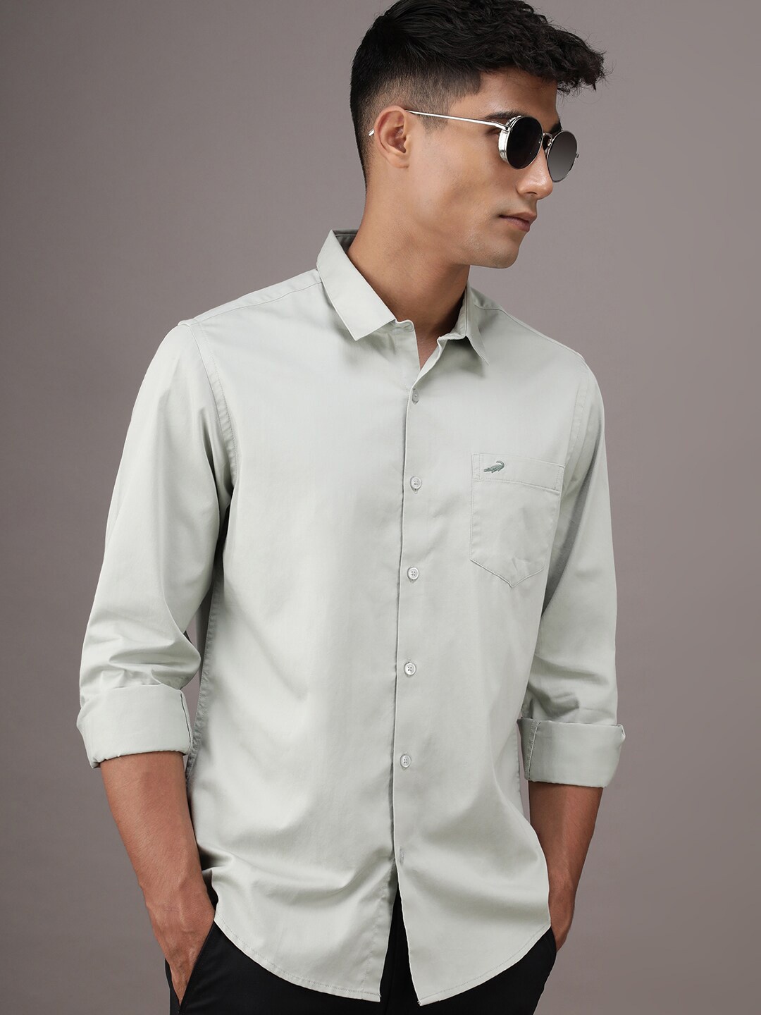 

Crocodile Spread Collar Comfort Cotton Casual Shirt, Silver