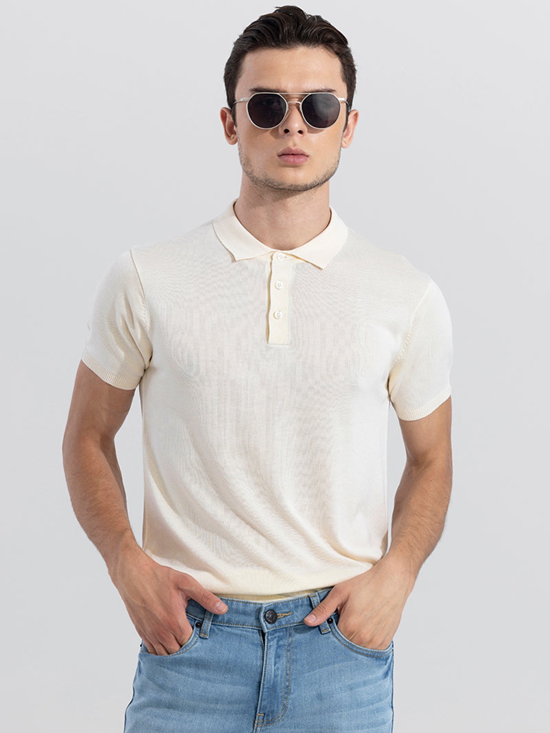 

Snitch Off White Self Design Polo Collar Cotton Regular T-shirt