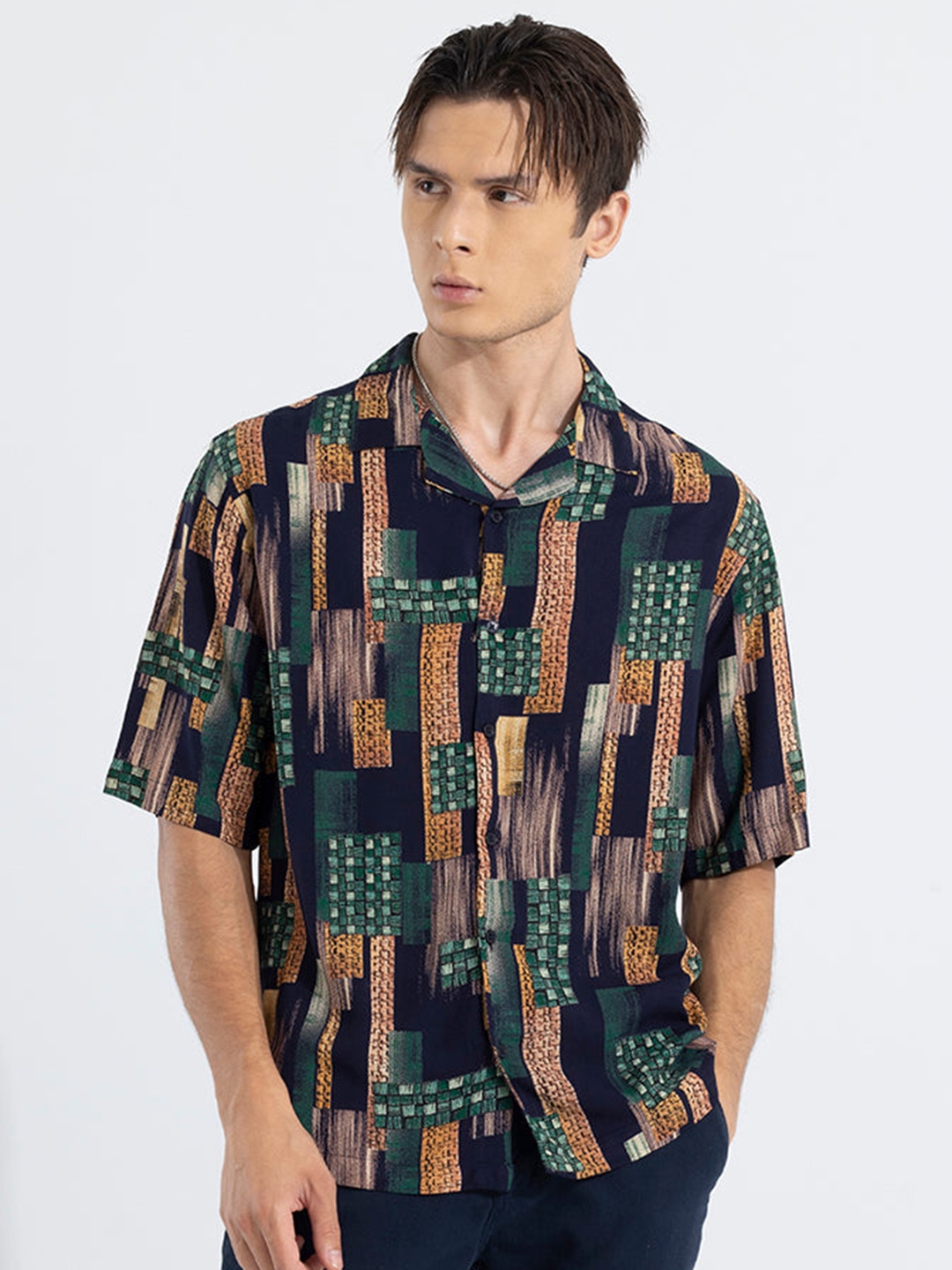 

Snitch Navy Blue Classic Abstract Printed Casual Shirt