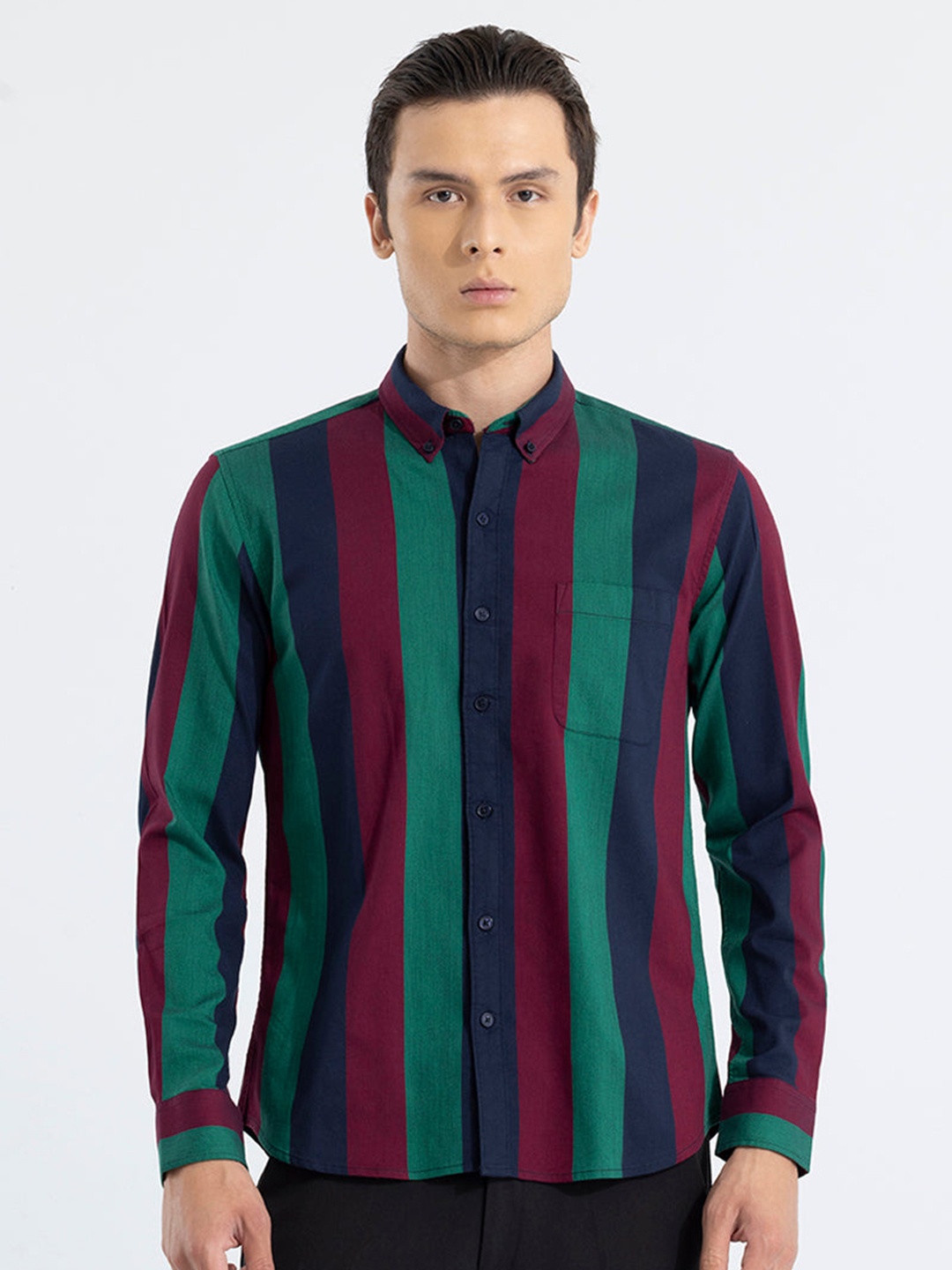 

Snitch Red Classic Slim Fit Vertical Striped Opaque Pure Cotton Casual Shirt