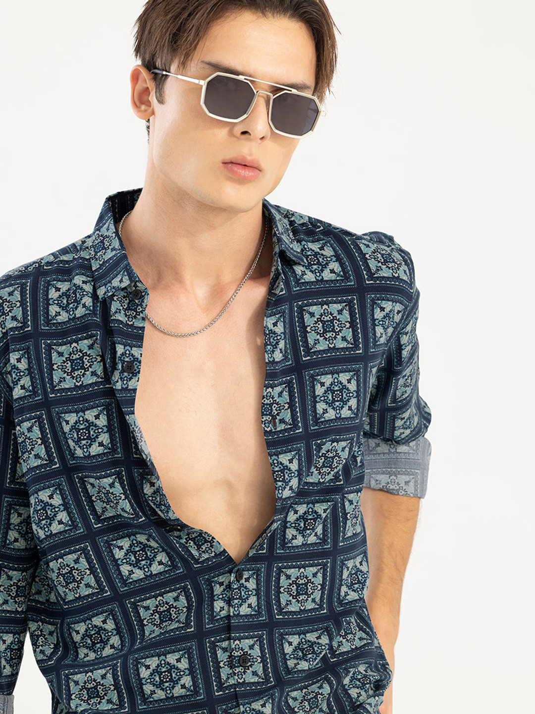 

Snitch Blue Classic Ethnic Motifs Printed Cotton Casual Shirt