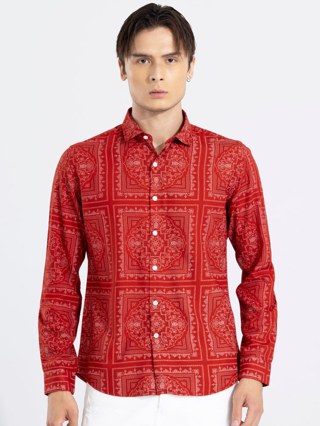 

Snitch Red Classic Ethnic Motif Printed Casual Shirt