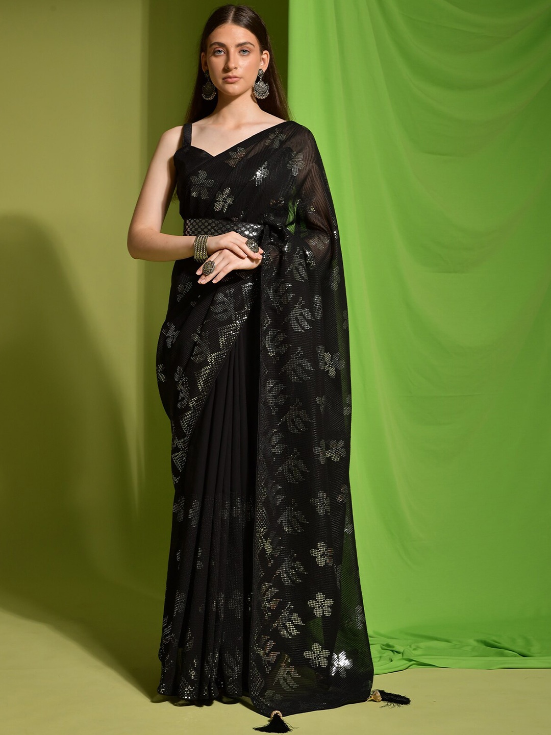

ODETTE Sequin Embellished Saree, Black