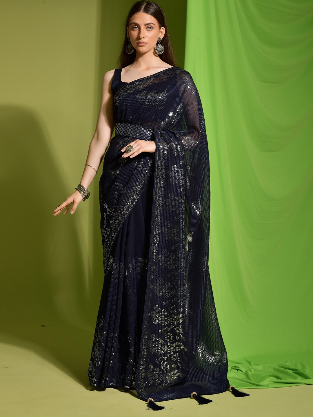 

ODETTE Sequin Embellished Saree, Navy blue