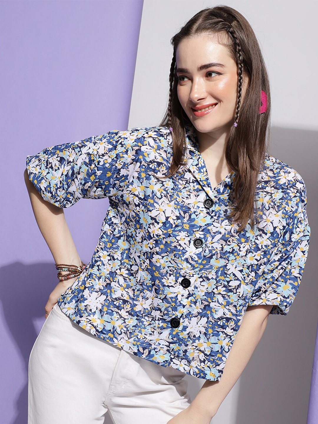 

Colors of Earth Classic Floral Printed Georgette Oversized Casual Shirt, Blue