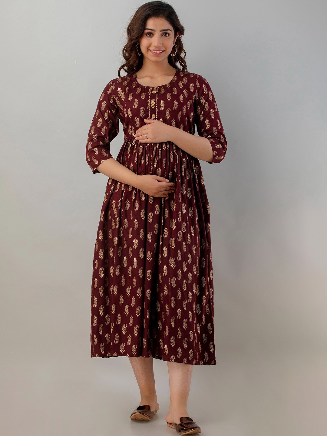 

CELEBRAVO Ethnic Motifs Printed Fit & Flare Maternity Ethnic Dress, Maroon