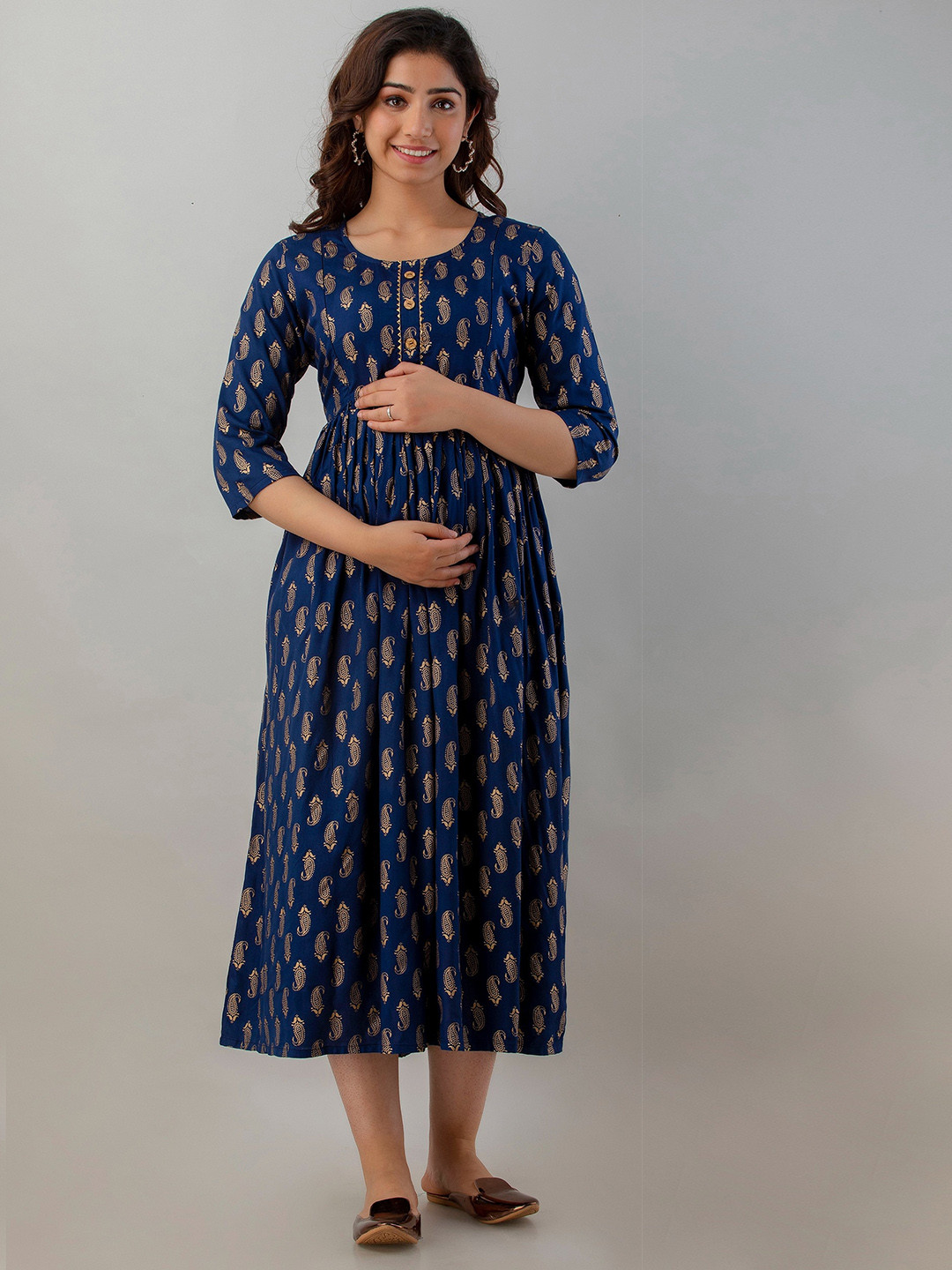 

CELEBRAVO Ethnic Motifs Printed Gathered Maternity Fit & Flare Ethnic Dress, Blue