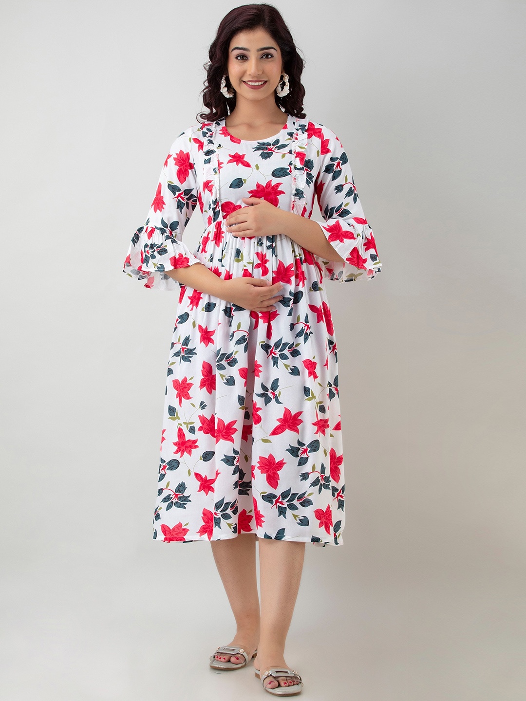 

CELEBRAVO Floral Printed Gathered Maternity Fit & Flare Dress, White