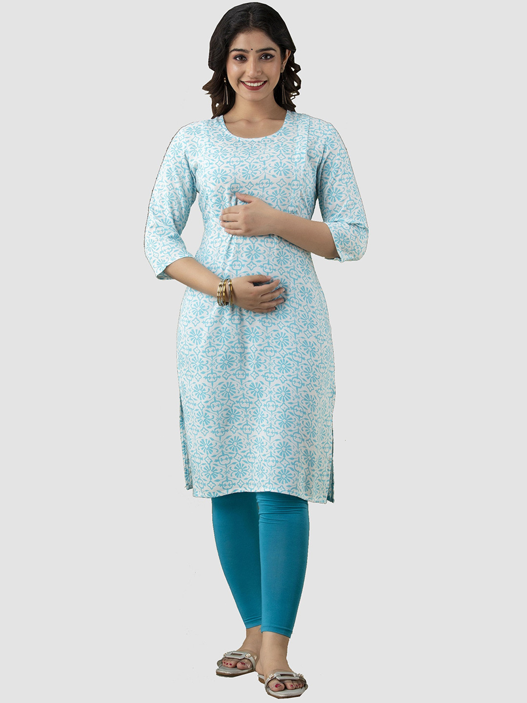 

CELEBRAVO Ethnic Motifs Printed Straight Maternity Kurta, Blue