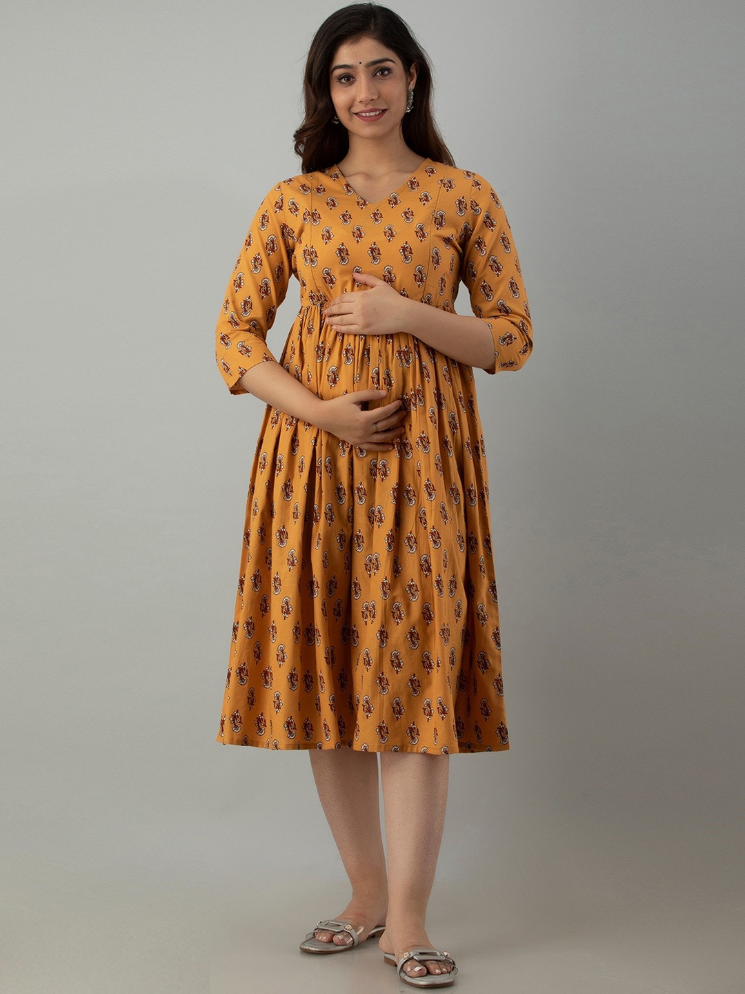 

CELEBRAVO Ethnic Motifs Printed Fit & Flare Maternity Ethnic Dress, Mustard