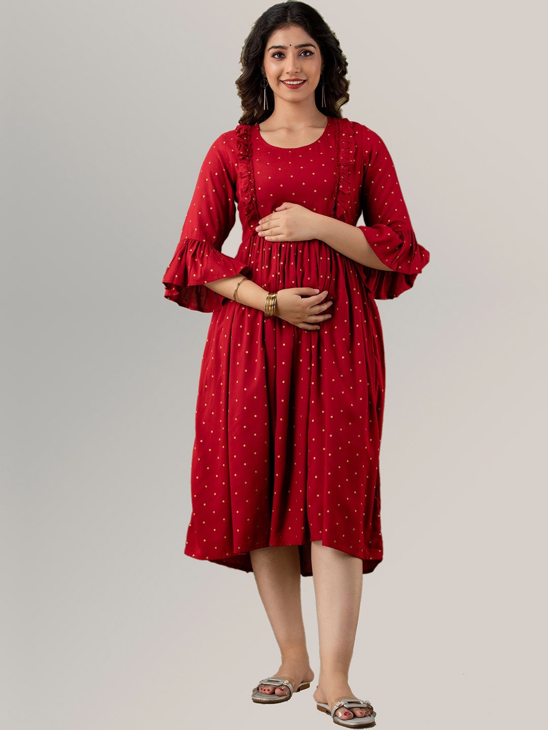 

CELEBRAVO Polka Dots Printed Fit & Flare Maternity Ethnic Dress, Maroon