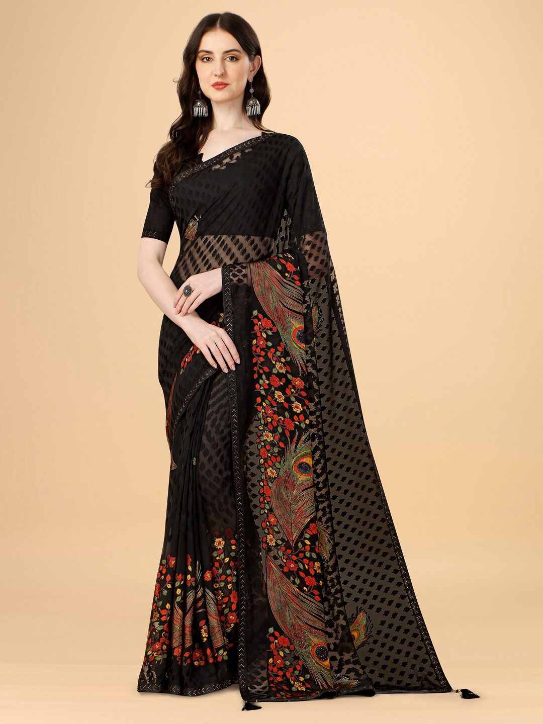

Dori Ethnic Motifs Woven Design Beads & Stones Saree, Black