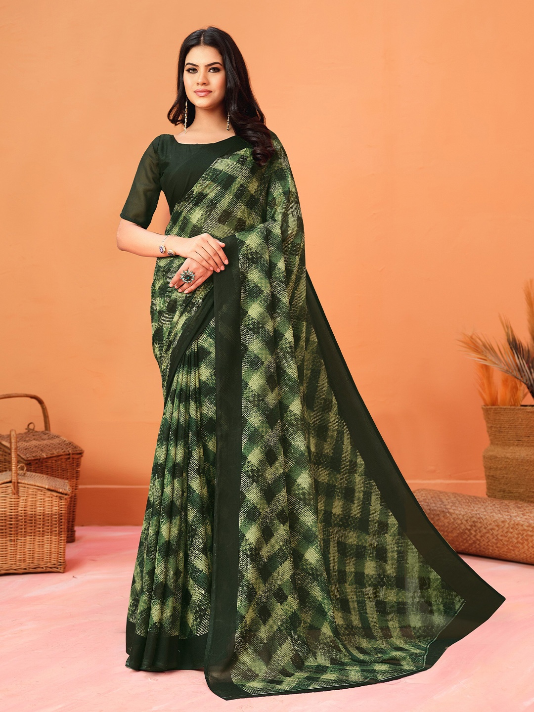 

Dori Checked Pure Georgette Saree, Green